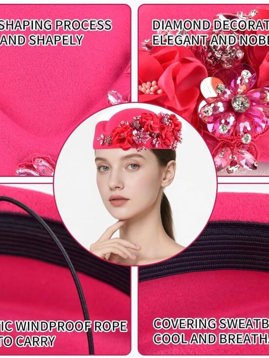 Women\'s British Felt hat Church Derby Headdress Floral Beret hat Rose Red main image 4